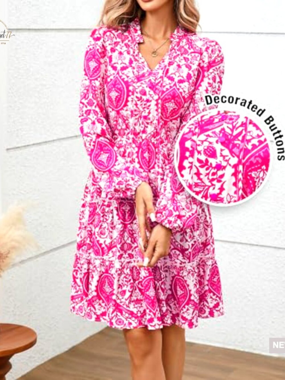 Long Sleeve V-Neck A-Line Mini Dress Floral Boho Tiered Ruffle Swing - Picture 4 of 7